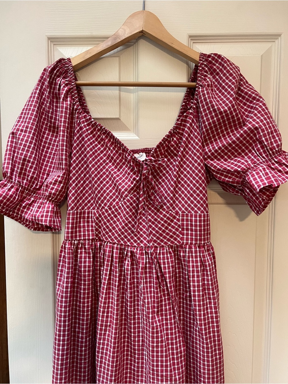 Red Gingham Puff-Sleeve Midi Dress size Small - Picture 2 of 3